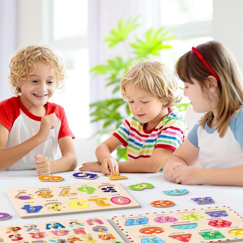 Zeoddler Wooden Montessori Puzzles for Toddlers, 3 Pack ABC, Number and Shape Puzzle for Kids, Preschool Learning Activities, Gift for Girls Boys in Kuwait