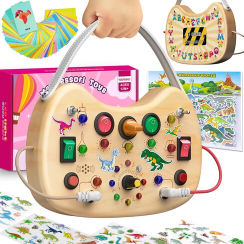 Busy Board with LED Light Switches,Toddlers Montessori Travel Busy Board|Toys for 1 2 3 Years Olds,Wooden Autism Activity Board,Portable Sensory Switch Board toys 1+ Year Old Boy&Girl Birthday Gift in Kuwait
