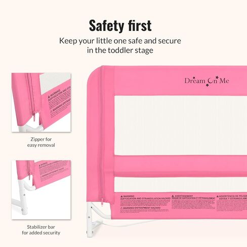 Dream On Me Mesh Security Bed Guard Rail for Toddlers 2–5 Years, Fits Twin–King Beds, Reinforced Anchor System, 2 Adjustable Heights, Pink, Not for Cribs/Toddler Beds in Kuwait