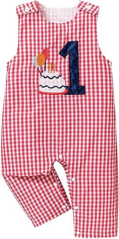 IWEMEK Baby Boy First Birthday Outfit 1 Year Old Birthday Newborn Plaid Romper Summer Clothes Cake Smash Photo Shoot Outfits in Kuwait