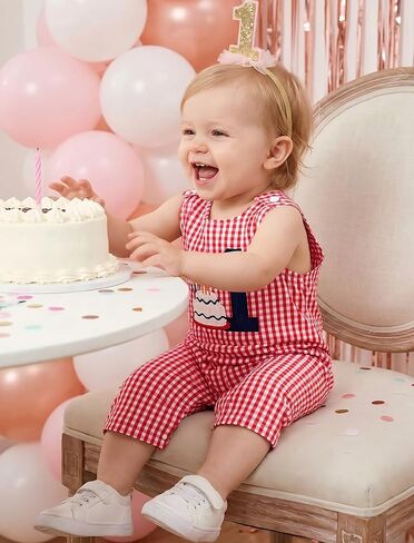 IWEMEK Baby Boy First Birthday Outfit 1 Year Old Birthday Newborn Plaid Romper Summer Clothes Cake Smash Photo Shoot Outfits in Kuwait