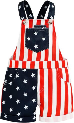 Infant Baby Girl Boy 4th of July Outfit American Flag Print Toddler Overalls Denim Bib Romper Jumpsuit with Pockets in Kuwait