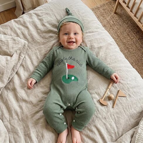 Newborn Baby Boy Fall Outfit Romper Jumpsuit Bodysuit Infant Clothes | Letter Embroidery Long Sleeve Crew Neck Winter Waffle Bodysuit in Kuwait