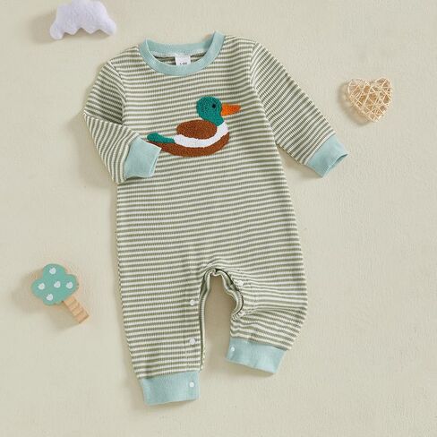 Baby Boy Waffled Romper Stripe Waffle Mallard Duck Embroidery Long Sleeve Bodysuit Jumpsuit Infant One Piece Overalls in Kuwait