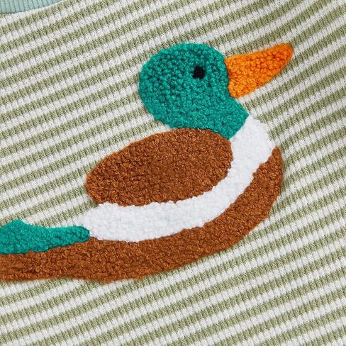 Baby Boy Waffled Romper Stripe Waffle Mallard Duck Embroidery Long Sleeve Bodysuit Jumpsuit Infant One Piece Overalls in Kuwait