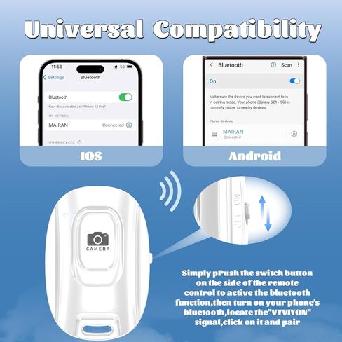 MAIRAN Rechargeable Wireless Camera Remote Shutter for Smartphones | Bluetooth Phone Remote Control,Selfie Button for Photos and Videos Charging Cable Included-White in Kuwait