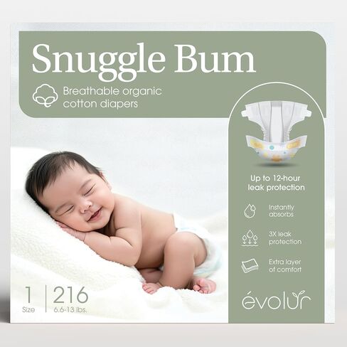 Evolur Snuggle Bum Baby Diapers Size 1, Newborn, PFAS-Free, 216 Count in Kuwait