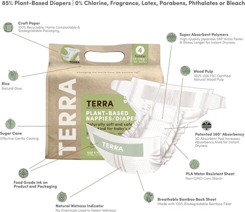 Terra Diapers Size 4: 85% Plant-Based Diapers, Ultra-Soft & Chemical-Free for Sensitive Skin, Superior Absorbency for Day or Nighttime Diapers, Designed for Toddlers 22-30 Pounds, 144 Count in Kuwait