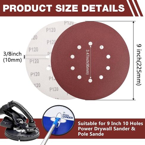 50 PCS 9-Inch 10-Hole Hook-and-Loop Sanding Discs for Drywall Sander, 120 Grit Drywall Sandpaper for Popcorn Ceiling Removal, Wood Furniture, Wall Painting Prep, Metal Sanding in Kuwait