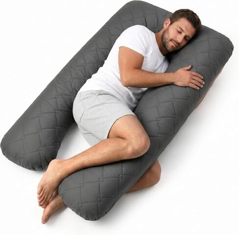U Shaped Pillow Full Body Support Quilted 55 in Charcoal | Maternity comfort for side sleepers, eases back pain, hip and belly pressure, soft washable cover in Kuwait