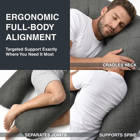 U Shaped Pillow Full Body Support Quilted 55 in Charcoal | Maternity comfort for side sleepers, eases back pain, hip and belly pressure, soft washable cover in Kuwait