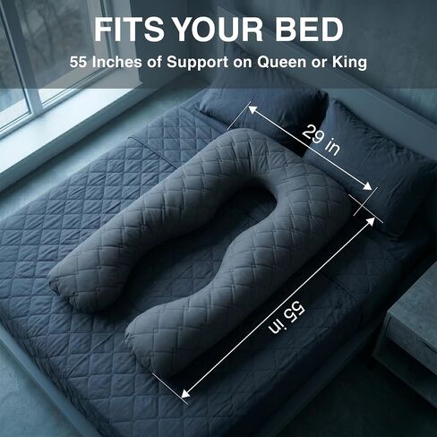 U Shaped Pillow Full Body Support Quilted 55 in Charcoal | Maternity comfort for side sleepers, eases back pain, hip and belly pressure, soft washable cover in Kuwait