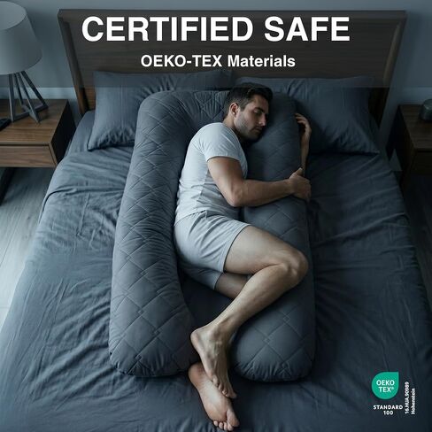 U Shaped Pillow Full Body Support Quilted 55 in Charcoal | Maternity comfort for side sleepers, eases back pain, hip and belly pressure, soft washable cover in Kuwait