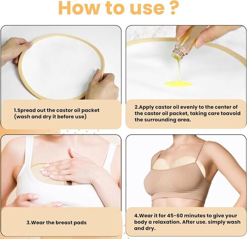 4 Pcs Reusable Castor Oil Packs for Breast, Soft Organic Cotton with Anti Leakage Design, Breast Pads for Women Compress Relaxing Comfort, Oil Not Included (Khaki) in Kuwait