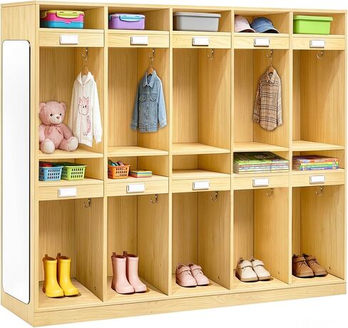 20-Section Classroom Coat Locker with Layered Storage, Shatterproof Locker Mirror, Daycare Cubbies with 10 Hooks & Acrylic Name Plates, Kindergarten Lockers for School, Nursery, Home in Kuwait