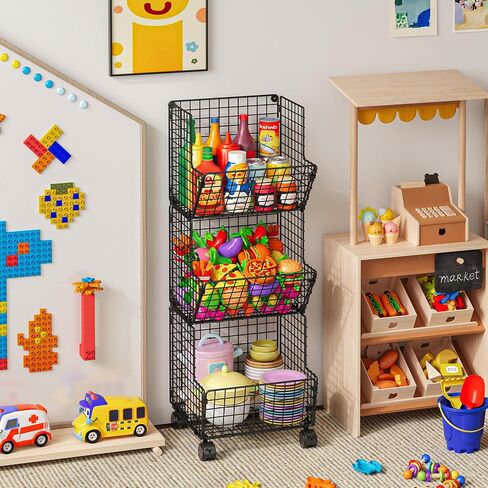 Sonyabecca 3 Tier Rolling Toy Organizer Cart with Wheels for Toy Storage | Outdoor toy storage basket and play kitchen organizer. Multi-purpose cart for snacks, books, pet supplies and home storage in Kuwait