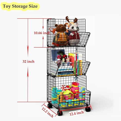 Sonyabecca 3 Tier Rolling Toy Organizer Cart with Wheels for Toy Storage | Outdoor toy storage basket and play kitchen organizer. Multi-purpose cart for snacks, books, pet supplies and home storage in Kuwait
