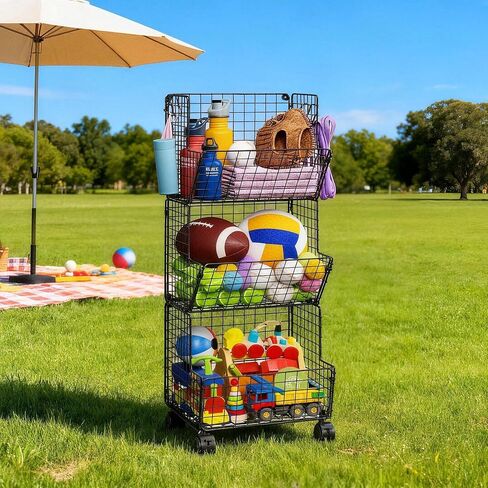 Sonyabecca 3 Tier Rolling Toy Organizer Cart with Wheels for Toy Storage | Outdoor toy storage basket and play kitchen organizer. Multi-purpose cart for snacks, books, pet supplies and home storage in Kuwait