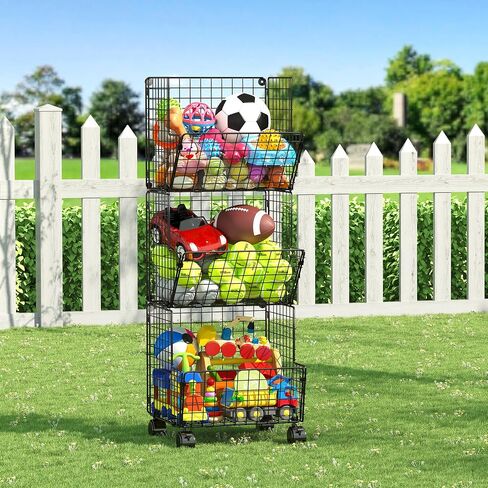 Sonyabecca 3 Tier Rolling Toy Organizer Cart with Wheels for Toy Storage | Outdoor toy storage basket and play kitchen organizer. Multi-purpose cart for snacks, books, pet supplies and home storage in Kuwait