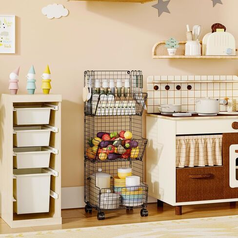 Sonyabecca 3 Tier Rolling Toy Organizer Cart with Wheels for Toy Storage | Outdoor toy storage basket and play kitchen organizer. Multi-purpose cart for snacks, books, pet supplies and home storage in Kuwait