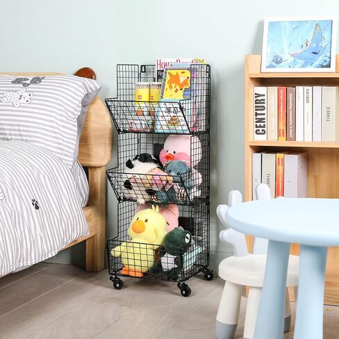 Sonyabecca 3 Tier Rolling Toy Organizer Cart with Wheels for Toy Storage | Outdoor toy storage basket and play kitchen organizer. Multi-purpose cart for snacks, books, pet supplies and home storage in Kuwait