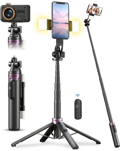 53" Selfie Stick Tripod with Dual Fill Lights and 4-Leg Base | Enhanced 4-leg Steady Base, Rechargeable Wireless Remote control, 2 Fill Lights, Travel Essentials for iPhone Android in Kuwait