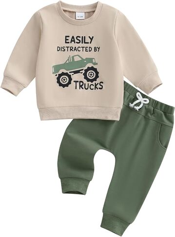 Bmnmsl Toddler Boy Fall Winter Clothes Easily Distracted by Trucks Sweatshirt Jogger Pants Set 1-5T Kids Truck Outfit in Kuwait