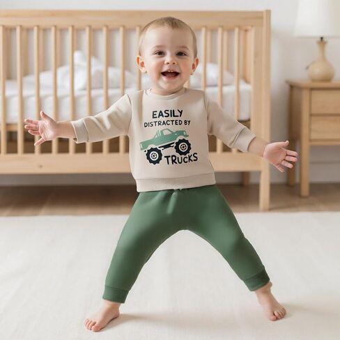 Bmnmsl Toddler Boy Fall Winter Clothes Easily Distracted by Trucks Sweatshirt Jogger Pants Set 1-5T Kids Truck Outfit in Kuwait