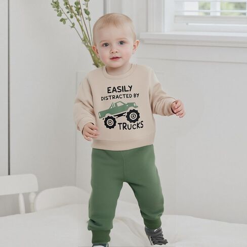 Bmnmsl Toddler Boy Fall Winter Clothes Easily Distracted by Trucks Sweatshirt Jogger Pants Set 1-5T Kids Truck Outfit in Kuwait