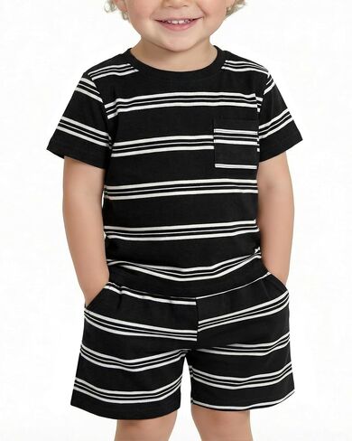Xaatren Toddler Boy Summer Outfits | Cotton, Short Sleeve, Striped Pocket T-Shirt, Shorts Set, Baby Clothes, Summer, Play, Travel, Kids 18M-5T in Kuwait