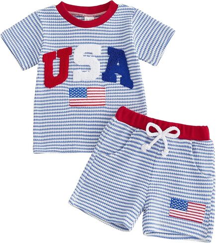 Infant Toddler Baby Boy 4th of July Outfit USA Flag Embroidered Striped Waffle Short Sleeve T Shirt and Shorts Set in Kuwait