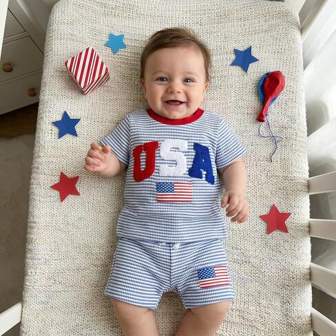 Infant Toddler Baby Boy 4th of July Outfit USA Flag Embroidered Striped Waffle Short Sleeve T Shirt and Shorts Set in Kuwait