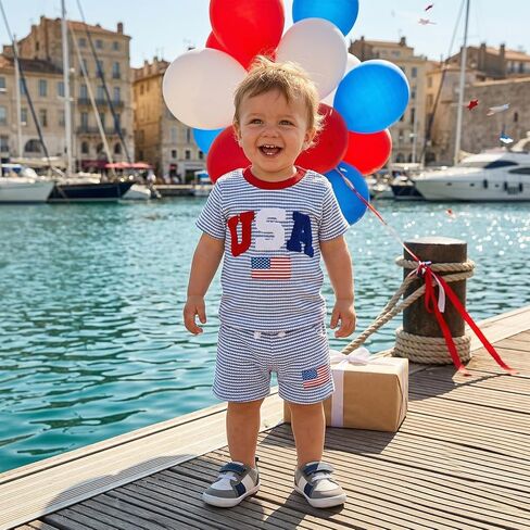 Infant Toddler Baby Boy 4th of July Outfit USA Flag Embroidered Striped Waffle Short Sleeve T Shirt and Shorts Set in Kuwait