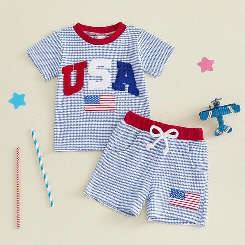 Infant Toddler Baby Boy 4th of July Outfit USA Flag Embroidered Striped Waffle Short Sleeve T Shirt and Shorts Set in Kuwait