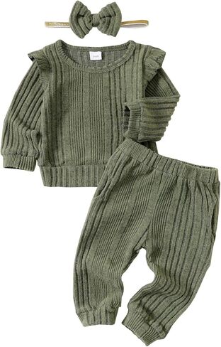 Mioglrie Toddler Baby Girl Fall Winter Clothes Long Sleeve Sweatsuit 3-24M | Warm Fleece Long Sleeve Ruffle Top,Stretch Sweat Pants,Matching Bow Headband,3Pcs,Infant Toddler Girl Outfits Fall Winter in Kuwait