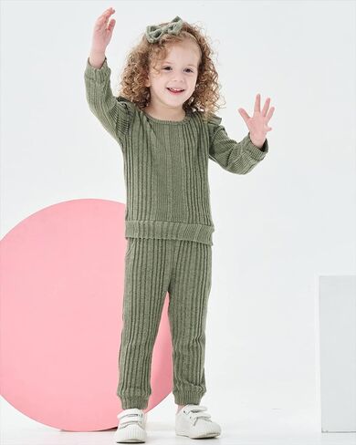 Mioglrie Toddler Baby Girl Fall Winter Clothes Long Sleeve Sweatsuit 3-24M | Warm Fleece Long Sleeve Ruffle Top,Stretch Sweat Pants,Matching Bow Headband,3Pcs,Infant Toddler Girl Outfits Fall Winter in Kuwait