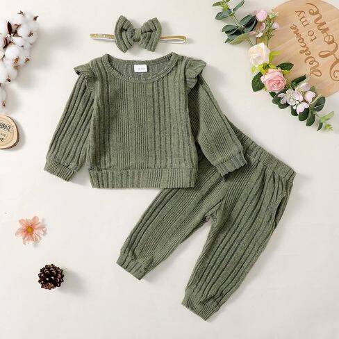 Mioglrie Toddler Baby Girl Fall Winter Clothes Long Sleeve Sweatsuit 3-24M | Warm Fleece Long Sleeve Ruffle Top,Stretch Sweat Pants,Matching Bow Headband,3Pcs,Infant Toddler Girl Outfits Fall Winter in Kuwait