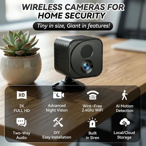 2K Mini WiFi Security Camera, Battery Powered Indoor Camera with 30-Day Battery Life, PIR Motion Detection, Night Vision, 2.4GHz WiFi, App Remote Viewing for Baby Monitor & Pet Camera in Kuwait