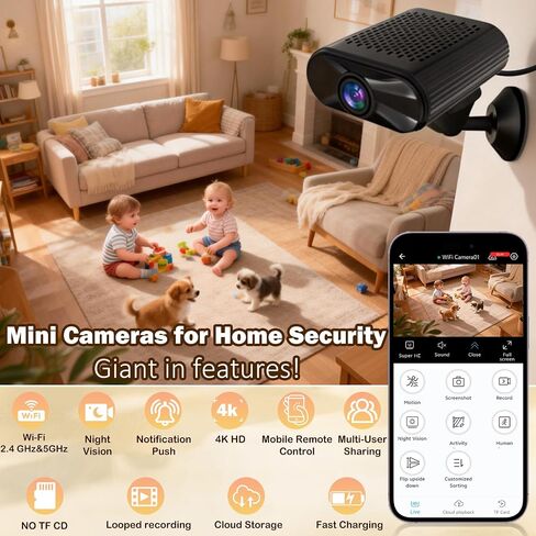Mini Camera - 4K WiFi Wireless Camera Portable Nanny Cam with Night Vision, Motion Detection,Phone App Live View - Compact Security Camera for Home/Office/Pet 24/7 Cycle Save Video in Kuwait
