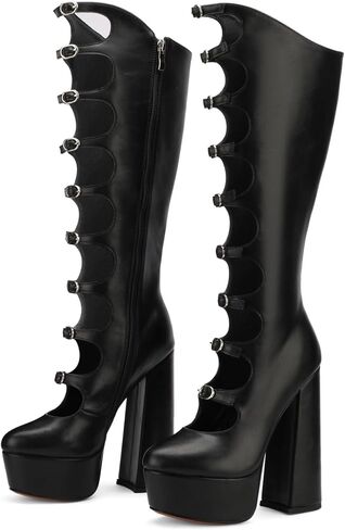 FancyQueen Black Platform Boots Gothic Boots for Women, Knee High Chunky Platform Heels, Black Lolita Buckle Block Heels, Punk Combat Mid Calf Shoes in Kuwait