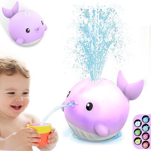 Baby Bath Toys, Rechargeable Bath Toys for Kids Ages 1-3 & 6-12 Months with 3 Hours Non-Stop Fun, Dual Sprinkler, 3 Modes Light Up, Toddler Birthday/Christmas Water Table BathTubs Pool Toys,Purple in Kuwait