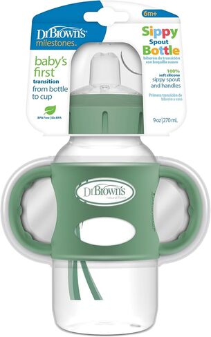 Dr. Brown's Milestones Wide-Neck Sippy Spout Bottle with 100% Silicone Handles, Easy-Grip Handles with Soft Sippy Spout, 9oz/270mL, Green, 1-Pack, 6m+ in Kuwait