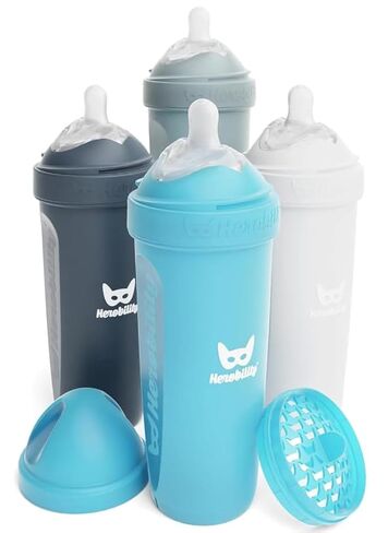 Herobility Anti-Colic Baby Bottles 12 fl oz/340ml - Pack of 4 Plastic Baby Bottles, Slow Flow Plastic Bottles, Breast-Shaped Teat for Breastfed Babies, – Multicolor - White, Gray, Iron Blue, Blue in Kuwait