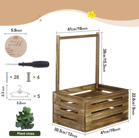 Wooden Baby Shower Crate Closet, Baby Basket with Handle, Personalized Baby Gifts Basket, Storage Basket, Newborn Boy Girl Welcome Gift for New Mom Parents in Kuwait