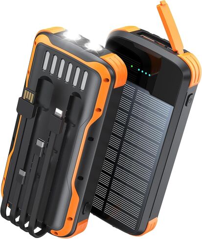 Solar Power Bank 40000mAh PD20W Fast Charging Portable Solar Charger | Built-in 4 Cables, 3 Ports, Dual Bright Flashlight, External Battery Pack for Camping, Hiking, and Outdoor Use, Orange in Kuwait