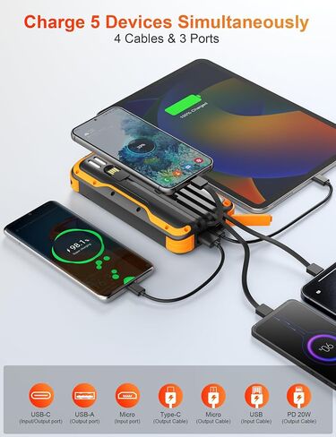 Solar Power Bank 40000mAh PD20W Fast Charging Portable Solar Charger | Built-in 4 Cables, 3 Ports, Dual Bright Flashlight, External Battery Pack for Camping, Hiking, and Outdoor Use, Orange in Kuwait