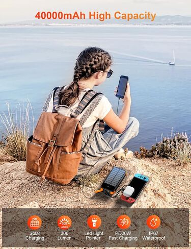 Solar Power Bank 40000mAh PD20W Fast Charging Portable Solar Charger | Built-in 4 Cables, 3 Ports, Dual Bright Flashlight, External Battery Pack for Camping, Hiking, and Outdoor Use, Orange in Kuwait