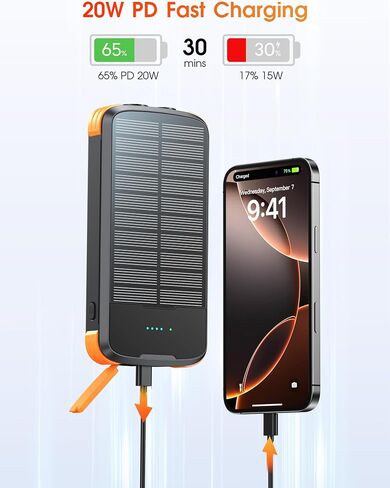 Solar Power Bank 40000mAh PD20W Fast Charging Portable Solar Charger | Built-in 4 Cables, 3 Ports, Dual Bright Flashlight, External Battery Pack for Camping, Hiking, and Outdoor Use, Orange in Kuwait