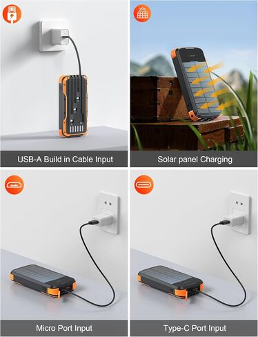 Solar Power Bank 40000mAh PD20W Fast Charging Portable Solar Charger | Built-in 4 Cables, 3 Ports, Dual Bright Flashlight, External Battery Pack for Camping, Hiking, and Outdoor Use, Orange in Kuwait