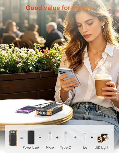 Solar Power Bank 40000mAh PD20W Fast Charging Portable Solar Charger | Built-in 4 Cables, 3 Ports, Dual Bright Flashlight, External Battery Pack for Camping, Hiking, and Outdoor Use, Orange in Kuwait